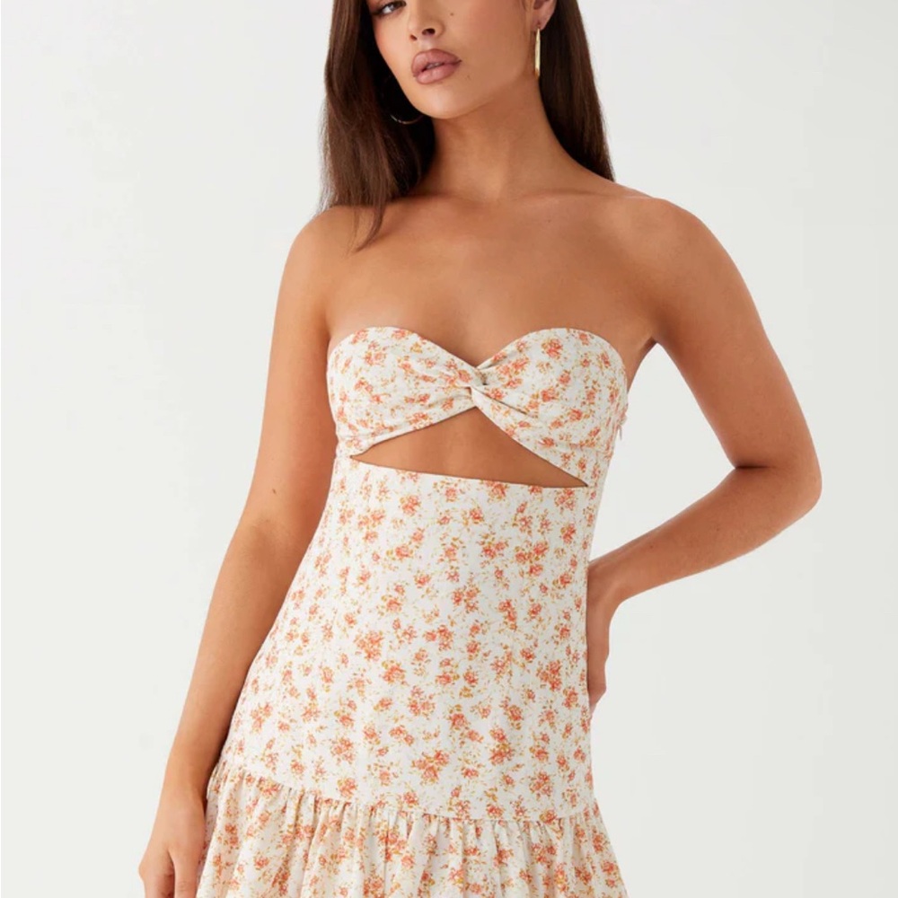 Peppermayo White Floral Strapless Cutout Dress